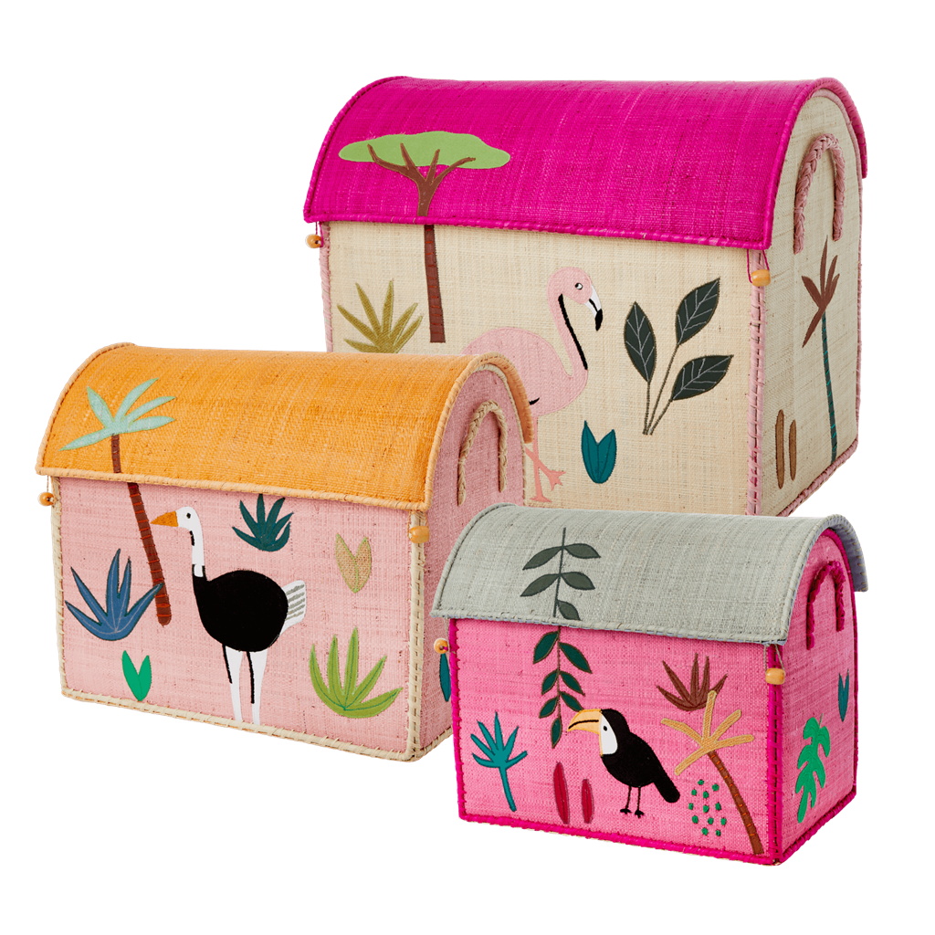 Raffia Storage Baskets with Jungle Pink Theme - Set of Three
