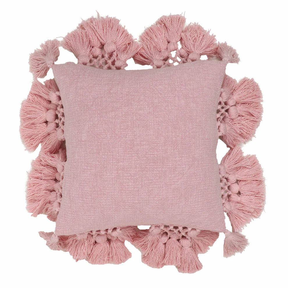 Stone Washed Cotton Tasseled Pillow - Pink