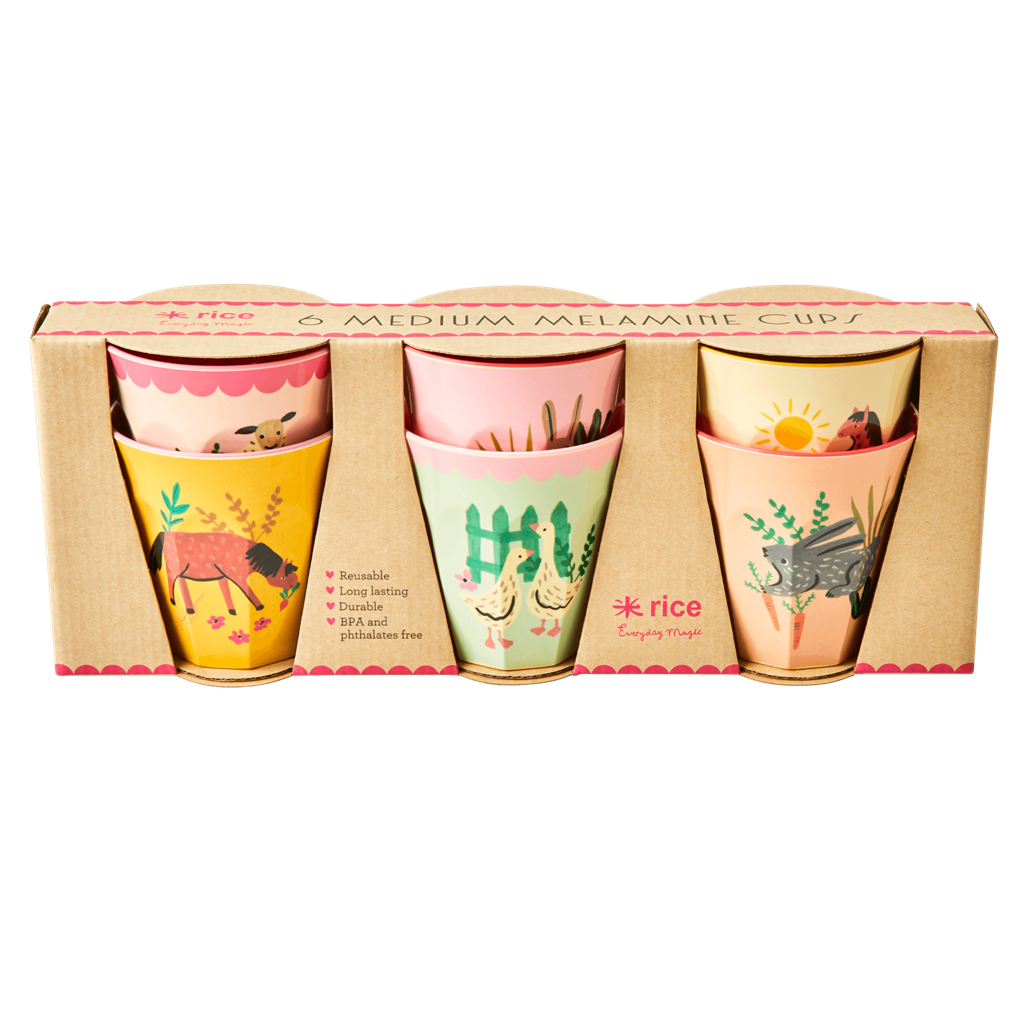 Melamine Kids Cups in Pink Farm Prints - Medium - 6 piece set