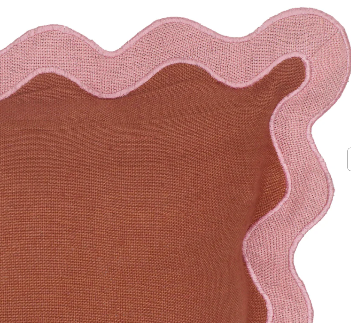 Scalloped Edge Square Pillow - Terrecotta/Light Pink